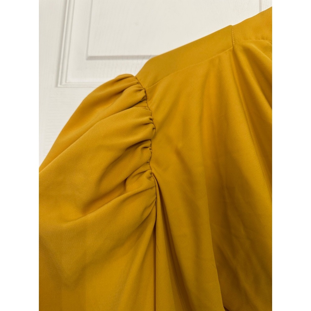 Eloquii Size 28 Yellow Chiffon Tie Neck Drape Cowl Puffed Sleeve Blouse - Picture 5 of 6